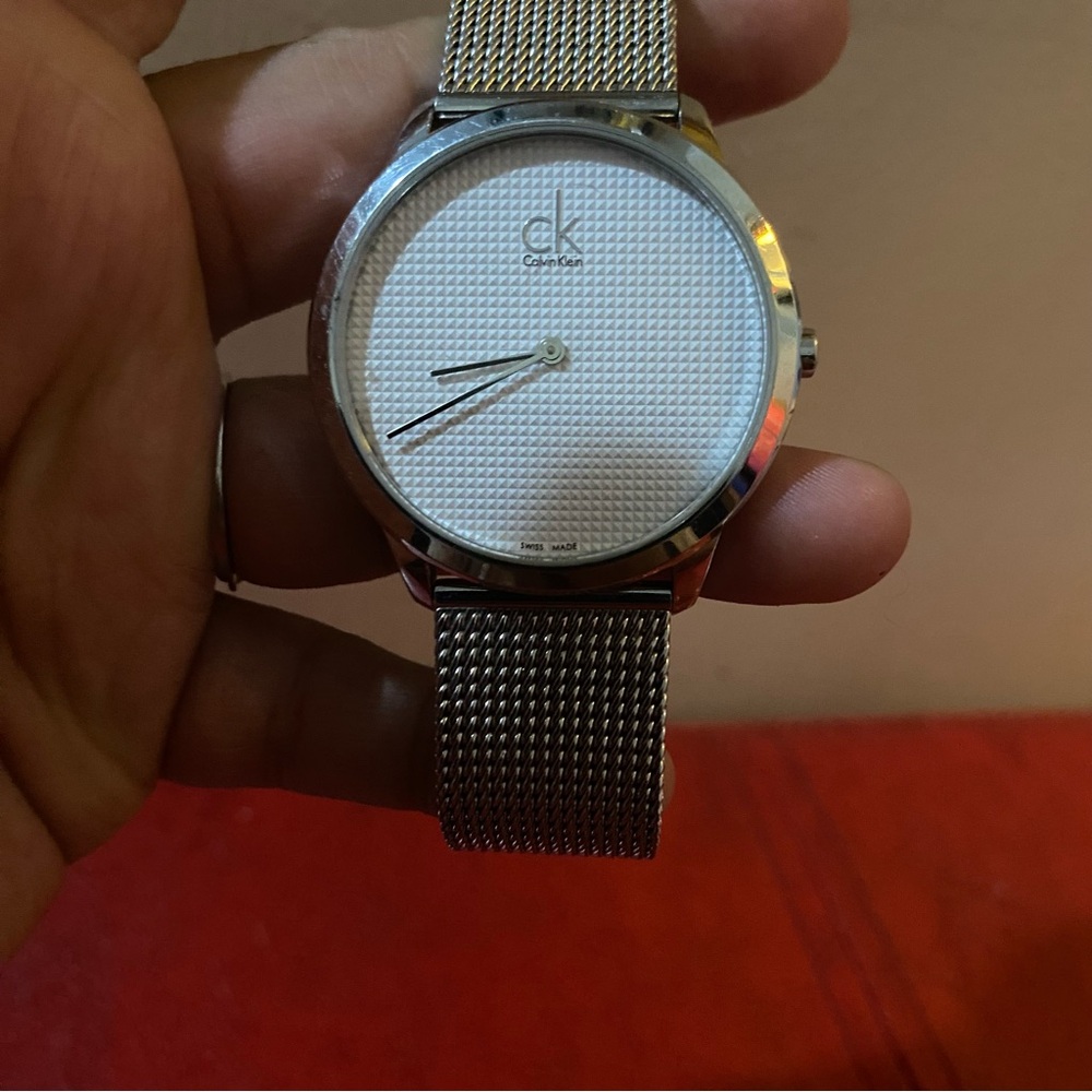 Calvin Klein Men's Silver Mesh Watch with White Textured Dial